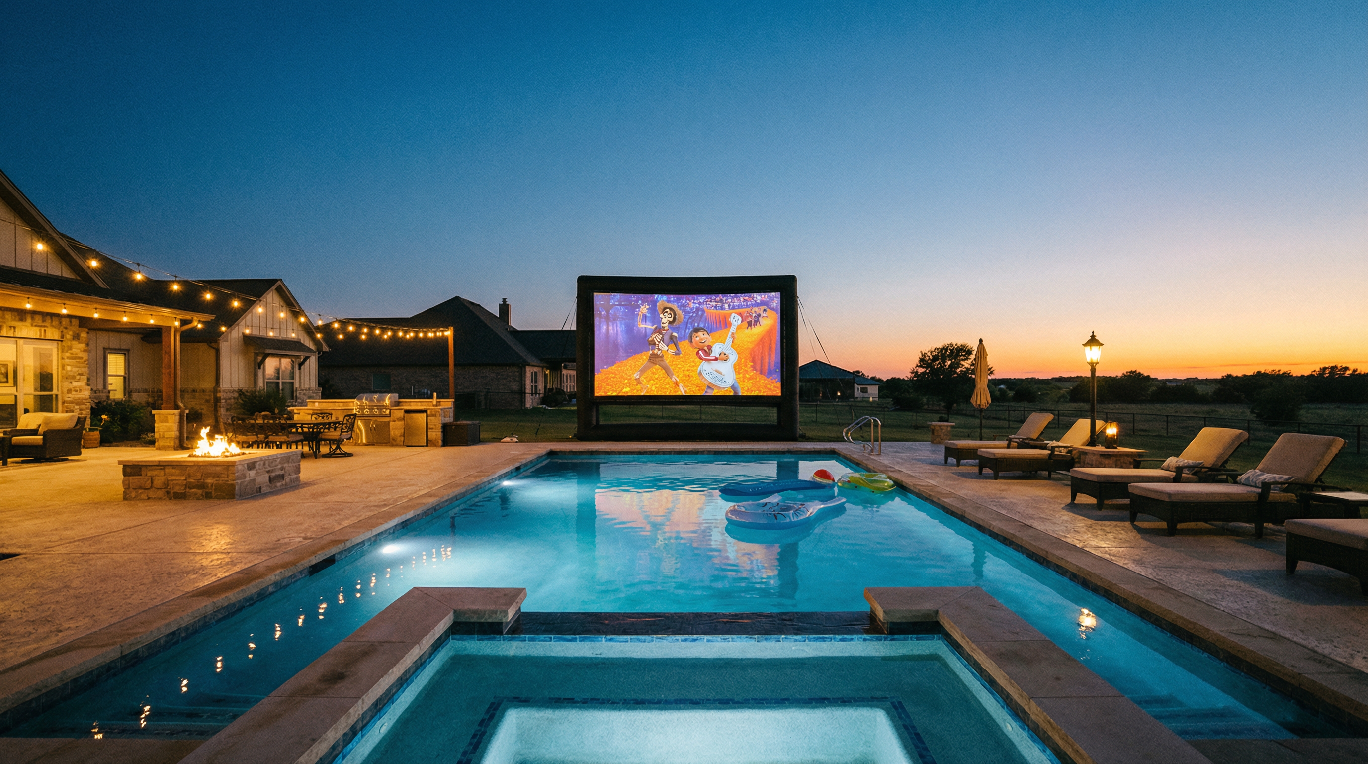 Luxury poolside movie setup at twilight