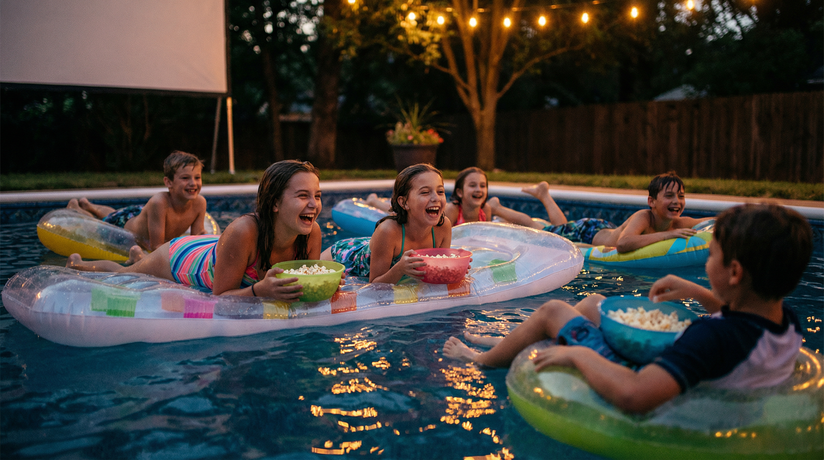 Kids watching movie in pool